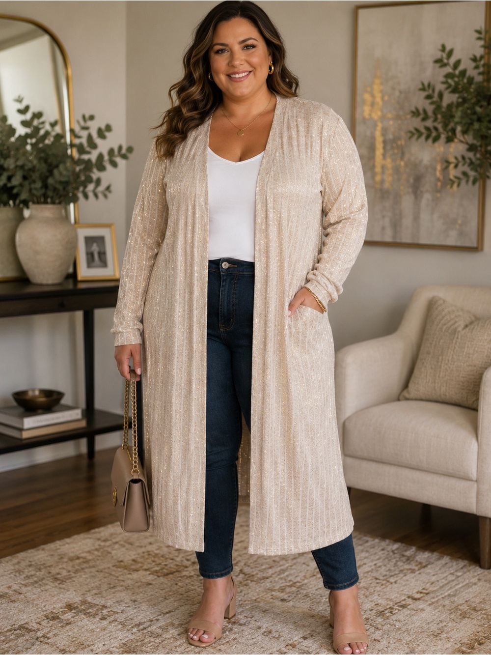 🆕🎉NWT Lane Bryant Gold Speckled Long Open-Front Cardigan in Tan
